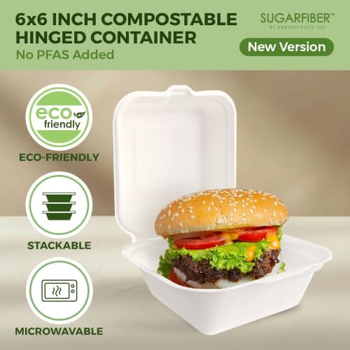 6X6 inch Compostable White Clamshell Take Out Food Containers with Lids