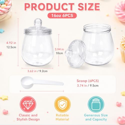 6 Pcs 16 Oz Clear Plastic Candy Jars with Lids & Spoons