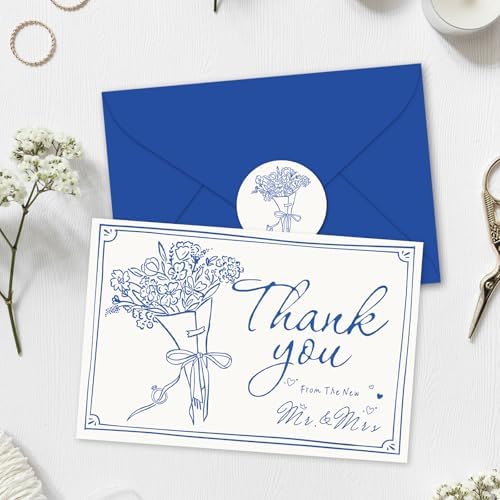 Whaline 24 Pack Wedding Thank You Cards Blue The New Mr & Mrs Flower Bouquet Thank You Blank Note Card Greeting Card with Envelope Sticker for Bridal Shower