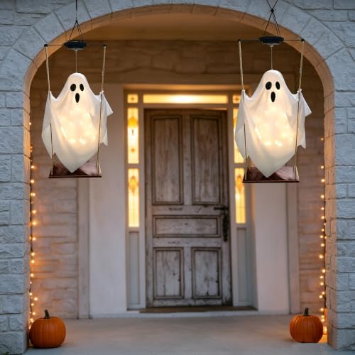 Halloween Decorations Outdoor Solar Hanging Swing Ghost Halloween Decor with String Lights, 2 Pack Scary Party Gifts Decor, Spooky Ghost on Swing Decorations for Yard Garden Porch Haunted House Tree