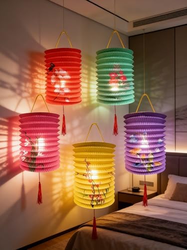 5PCS Paper Lanterns with LED Lights Valentines Day Chinese New Year'eve Spring Festival Lantern 6.3inches , Hanging Lighting Lanterns for Mid Autumn Dinner Birthday Party Decoration