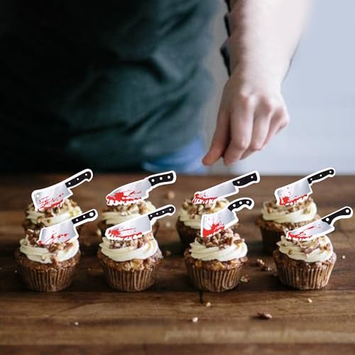 64 PCS Edible Halloween Blood Knife Cupcake Toppers Wafer Paper Horror Blood Knife Cupcake Picks Edible Have a Killer Birthday Cake Decorations for Halloween Theme Killer Birthday Party Supplies