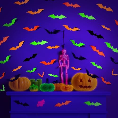 LOLStar Glow Halloween Bat Stickers, Neon Bat Wall Decals, 72PCS, 4 Sizes