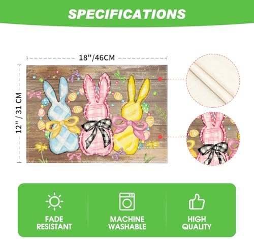 Artoid Mode Wood Bunny Rabbits Eggs Easter Placemats Set of 4, 12x18 Inch Floral Bow Seasonal Spring Holiday Table Mats for Party Kitchen Dining Decoration
