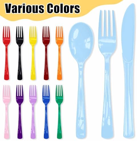HEIPINIUYE 75 Pack Light Blue Plastic Cutlery Heavy Duty Baby Blue Plastic Knives Forks and Spoons Disposable Silverware Set for 25 Guest Camping Birthday Baby Shower Party Cutlery Set
