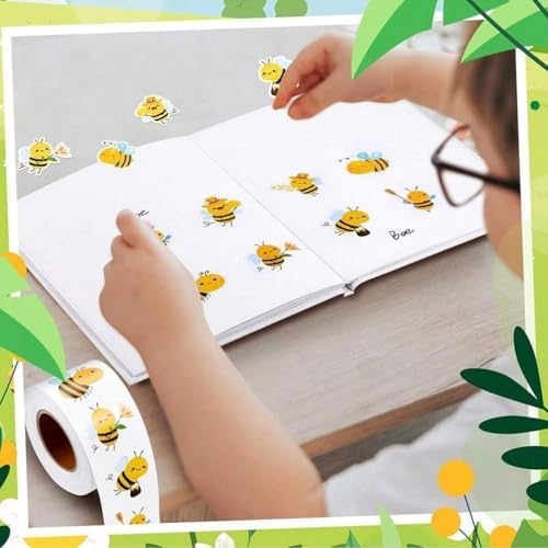 500PCS Cute Bee Stickers Roll Waterproof Vinyl Cartoon Decals Adhesive Honeybee Stickers for Kids Party Scrapbooking Gift Bags Envelopes Crafts Teens Adults Water Bottle Notebook Luggage Phone Case