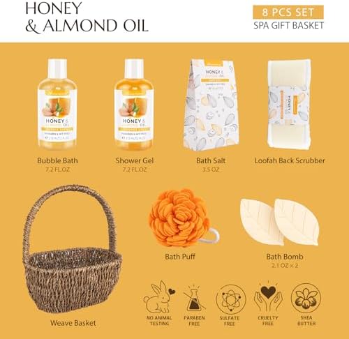 Bath Spa Gift Basket, Honey Almond 8pcs Bath & Body Gift Set for Women