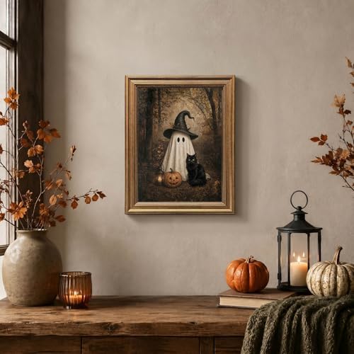 Wemandh Vintage Halloween Wall Art, Gold Framed Cute Ghost and Black Cat Canvas Print, Dark Academia Spooky Room Decor, Witch Hat Pumpkin Fall Picture for Gothic Home Office (9.5'' x 12'')
