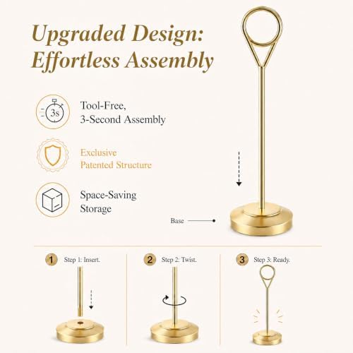 Radezon 12 Pcs Gold Table Number Holders, 6 Inch Tall Place Card Holders for Table, Sturdy Photo Picture Holders with Anti-Tip Base for Wedding Reception, Party, and Event Centerpiece