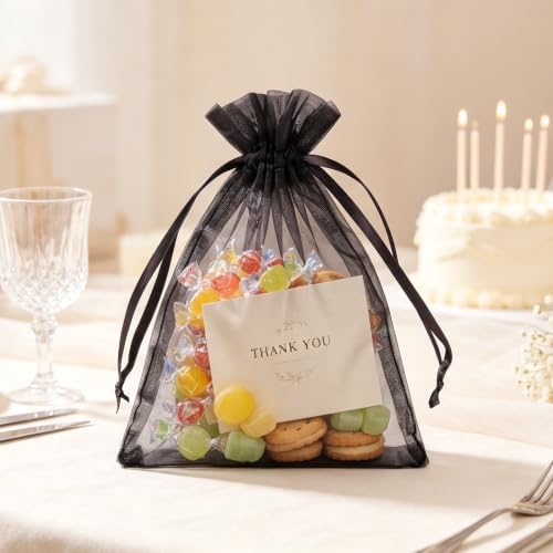 Wudygirl 50 Pcs Organza Bags, 5x7 IN Drawstring Gift Bags-Black