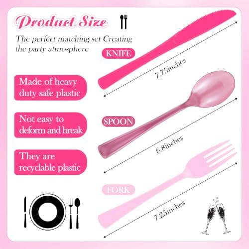 Minatee 180 Pcs Gradient Pink Plastic Silverware Heavy Duty Cutlery Sets Disposable Utensils for Holiday Birthday Themed Party Supplies, 60 of Each Forks Knives Spoons