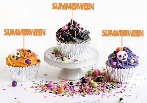 24Pcs Glitter Orange Summerween Cupcake Toppers Happy Summerween Birthday Cupcake Picks for Summer Halloween Birthday Cupcake Decorations Summer Holiday Party Decorations