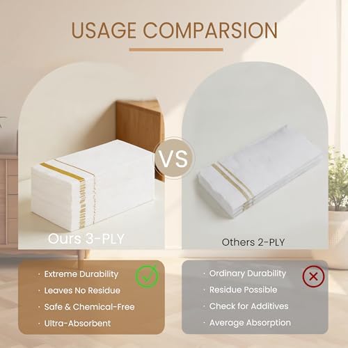 200 Pack 3-Ply Disposable Paper Napkins,White and Gold Trim Dinner Napkins