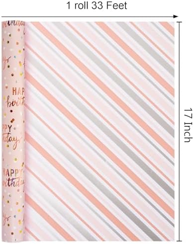 MAYPLUSS Birthday Wrapping Paper Roll, Pink Metallic Holographic Happy Birthday Wrapping Paper Featuring Revesible Stripe Gift Wrap Paper for Girls Boys Kids Men, 17 Inches x 33 Feet