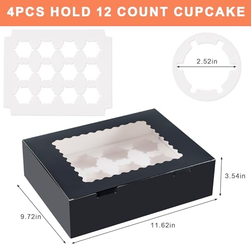 12 Count Cupcake Boxes, 4PCS Cupcake Container with Window and Inserts