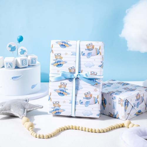 WRAPAHOLIC Bear Baby Shower Wrapping Paper - Mini Roll - 3 Rolls - 17 Inch x 120 Inch - Adventure Bear in Airplane and Party Design for Baby Shower, Boy Birthday