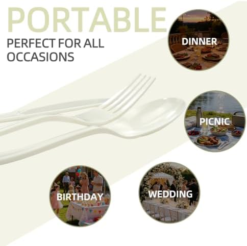 HEIPINIUYE 75 Pack Cream Plastic Cutlery Heavy Duty Cream Plastic Knives Forks and Spoons Disposable Silverware Set for 25 Guest Camping Birthday Baby Shower Wedding Party Utensils Set