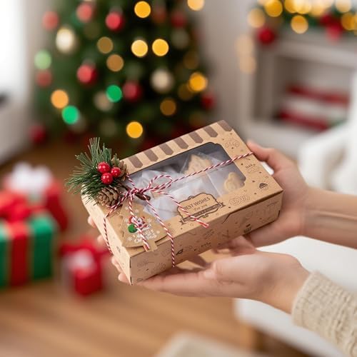 36 Pcs Christmas Cookies Box with Pine Picks,15 Pack Christmas Treat Boxes