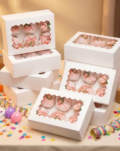 qiqee White 6 Cupcake Boxes with Window Auto-pop up 30 Packs Cupcake Box 9.4"x6.1"x3.3" Bakery Boxes For Cupcakes Carrier, Cupcake Containers