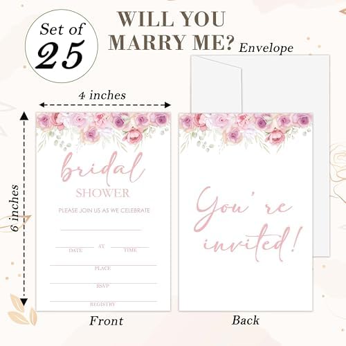 Bridal Shower Invitations, 25 Pink Floral Invites with Envelopes for Bridal Shower Reception Engagement Party, Garden Flower Wedding Party Cards - B10
