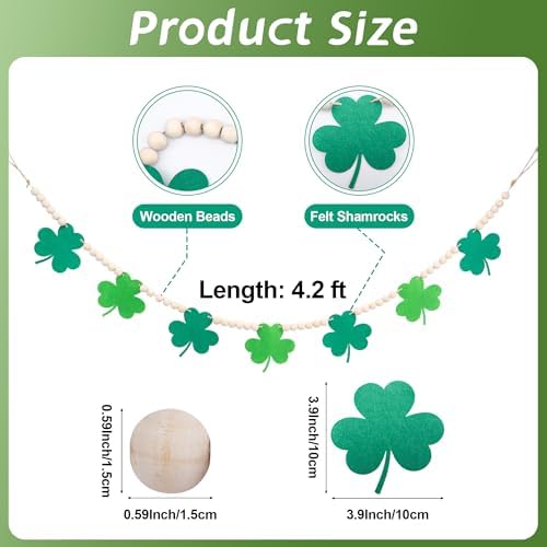 St. Patrick's Day Garland St. Patrick's Day Decorations Shamrock Garland Felt Shamrock Banner with Wooden Beads Lucky Green Garland for Saint St Patricks Day Decor Home Fireplace Mantel Wall Decor
