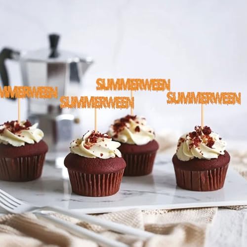 24Pcs Glitter Orange Summerween Cupcake Toppers Happy Summerween Birthday Cupcake Picks for Summer Halloween Birthday Cupcake Decorations Summer Holiday Party Decorations