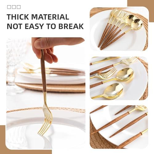 N9R 180PCS Gold Plastic Silverware, Disposable Wood Grain Utensils/Cutlery