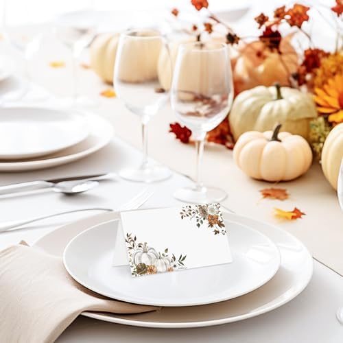 Whaline 50Pcs Fall Place Cards 2 x 3.5 Inch Watercolor Pumpkin Floral Tent Name Cards Autumn Blank Seat Assignment Labels for Thanksgiving Wedding Birthday Party Table Setting Supplies