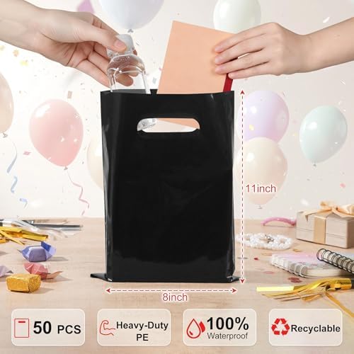 VieFantaisie 50 PCS Black Party Favor Bags, 8" x 11" Goodie Bags for Candy Treat Craft Easter Egg, Plastic Gift Bag with Die Cut Handles for Birthday Party, School Events & Small Business, Wedding