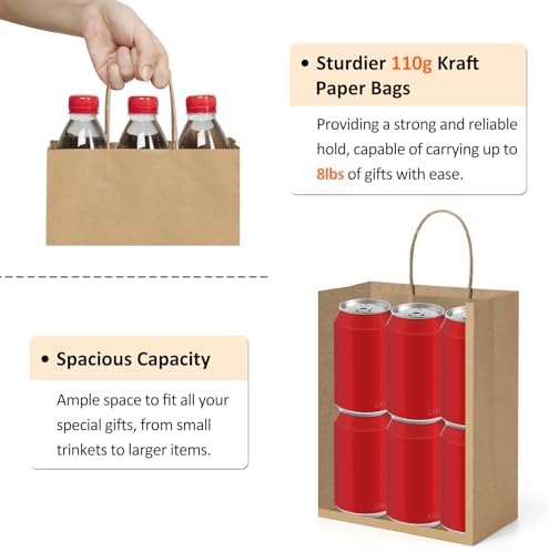 BagDream Gift Bags with Handles 8x4.25x10.5 Inch Brown 100 Pack Bulk