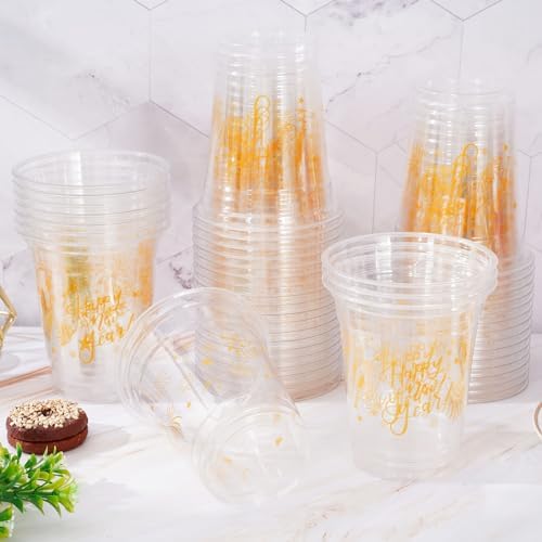 Whaline 50Pcs 12oz Happy New Year Disposable Cups Gold Plastic Party Cups New Year Eve Clear Plastic Glasses for Winter Holiday Drinks Party Supplies