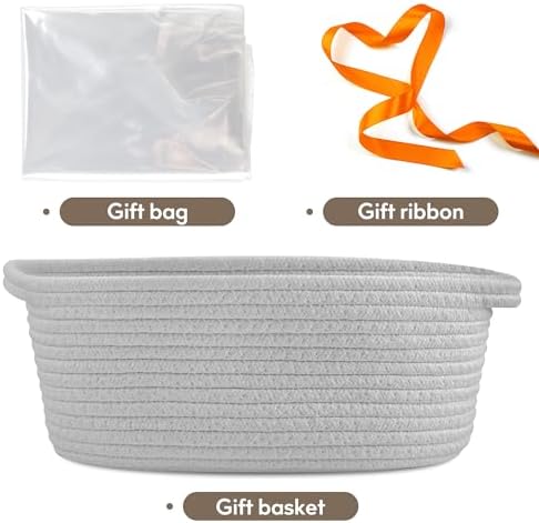 Pro Goleem Small Woven Basket with Gift Bags and Ribbons Durable Baskets for Gifts Empty Small Rope Basket for Storage 12"X 8" X 5" Baby Toy Basket with Handles, Gray