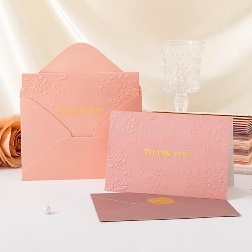 Crisky Pink Wedding Thank You Cards with Envelopes(Dusty Rose),50 Pack Embossed Floral Thank You Cards for Bridal Shower, Baby Shower, Small Business, Graduation Party Favors Decorations
