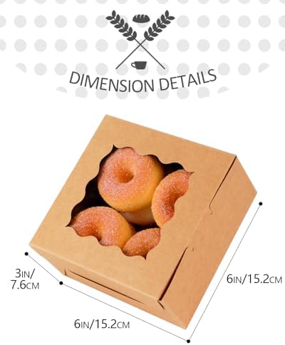 qiqee Kraft Cookie Boxes with Window 60packs 6x6x3 Brown Bakery Box Kraft Paper Boxes for Cookie, Pastry, Cupcake, Pie, Donut