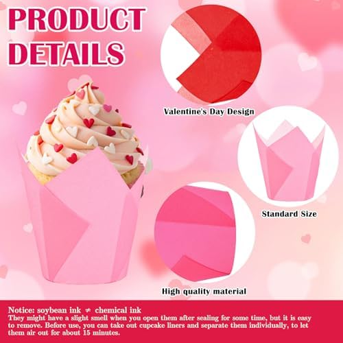 Whaline 200Pcs Valentine's Day Tulip Cupcake Liners Muffin Baking Cups Gradient Red Pink Cupcake Wrappers for Wedding Anniversary Party Supplies Table Decor