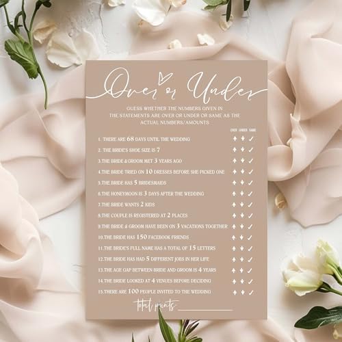 Bridal Shower Games Cards, Guess Over or Under, 25 Guests, Engagement Party Wedding Games, Minimalist Brown Wedding Party Supplies - D13