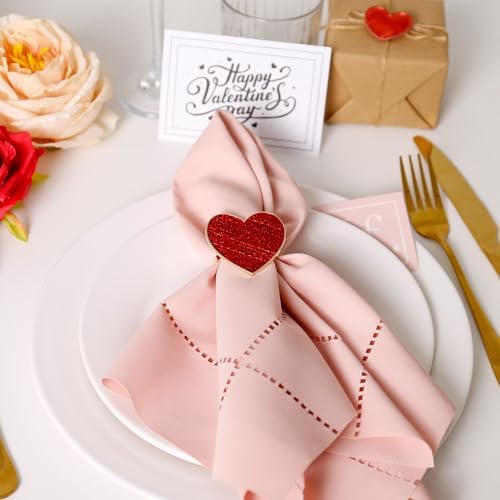 Red Heart Napkin Rings Set of 8 for Valentine's Day, Metal Heart Love Napkin Holders with Gold Buckles for Valentine's Day, Mother's Day, Wedding, Anniversary Dinners, Parties Table Decoration