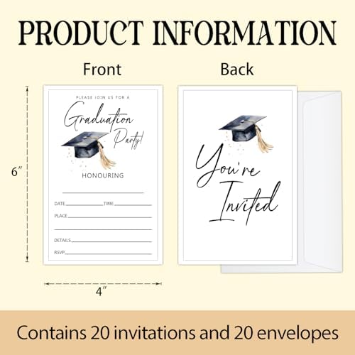Minimalist Graduation Invitations 2026 with Envelopes - 20 Pack Class of 2026 Graduation Party Invitations, 4x6 Inch Fill-in Graduation Announcements for High School or College - A04
