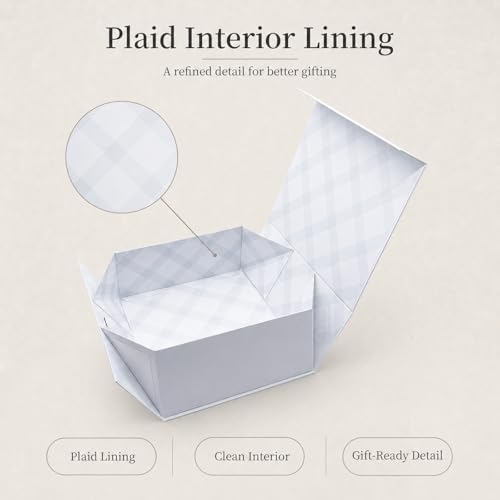 Tekhoho Large Gift Box 13.2x10.6x5in, Premium Present Box with Magnetic Lid and Ribbon for Holidays Wedding Birthday Gift Packaging, Plaid Lining (13.2x10.6x5in-White)