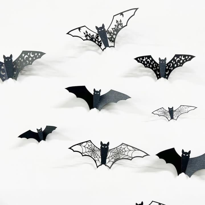 24Pcs Large Halloween Bats Wall Decorations Bats Wall Stickers 3D Self-Adhesive PVC Bats Wall Decals Removable Hollow Bats Window Stickers Walls Clings Decorations for Halloween Party Indoor Supplies
