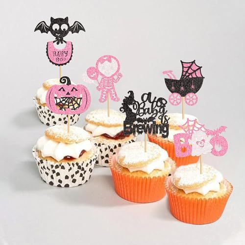 Ercadio 30Pcs Pink Halloween Baby Shower Cupcake Toppers A Baby Is Brewing Cupcake Picks for Boo Theme Gender Reveal Girls Halloween Birthday Cupcake Cake Decors Supplies