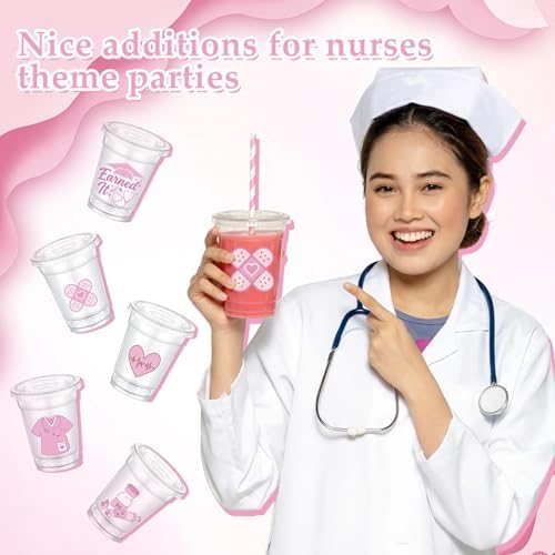 Jingmore 50 Sets Nurse Graduation Plastic Cups with Lids and Straws Cute Disposable Cold Beverage Drinking Cups for Birthday Party Decorations Supplies
