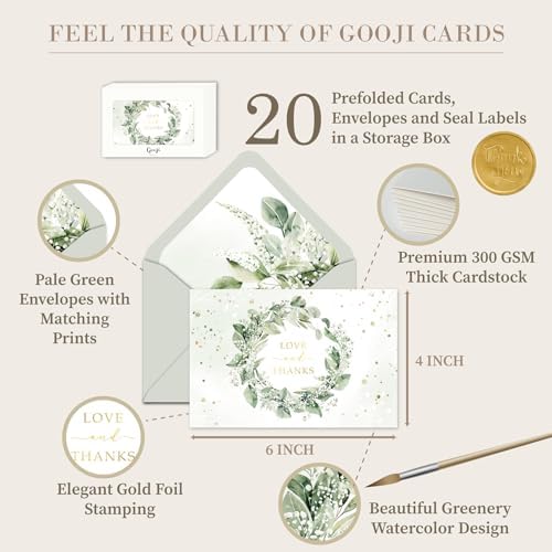 Gooji 4x6 Greenery Thank You Cards with Envelopes (Bulk 20-Pack) Bridal Shower Thank You Cards with Envelopes | Birthday Party, Baby Shower, Weddings, Greeting, Blank Notes, Small Business