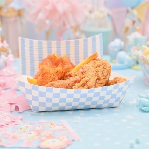 30 Pcs No Folding Required 2lb Gingham Party Supplies Disposable Paper Food Trays for Shower Wedding Tea Party Supplies Nacho Snack (Light Blue)
