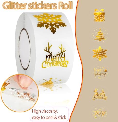 500Pcs Christmas Stickers Roll - Hot Stamping Snowflake Self-Adhesive Sealing Stickers,Gold Sparkly Waterproof Decals for Christmas Party Envelope Scrapbook Decor（ 6 Pattern Designs）