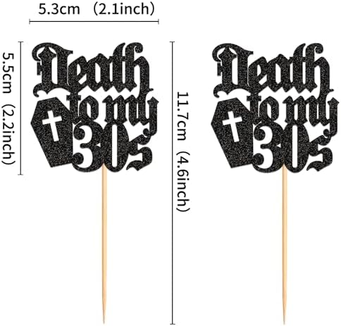 24Pcs Black Death to My 30s Cupcake Toppers Death to My Thirties Cupcake Picks for Gothic 40th Birthday Funeral 40th Birthday Anniversary Cupcake Decorations Rip to My Youth Emo Party Decorations