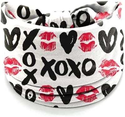 4 Pcs Valentine's Day Headbands for Women, Black White Wide Turban Dress Up Costume Breathable Stretchy Non Slip Head Wrap, Love Heart Pattern Holiday Fall Winter Hair Band for Yoga Running Party