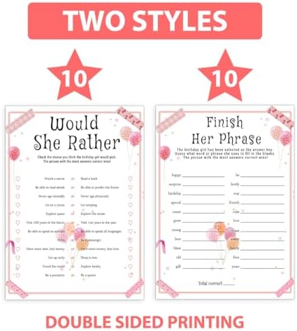 Birthday Party Games Set for Girls, Funny Girls Party Game, Girl Birthday‘s Supplies, Activity, Decorations, Includes Who Knows the Birthday Girl Best, Scattergories, 20 Double Sided Games Cards