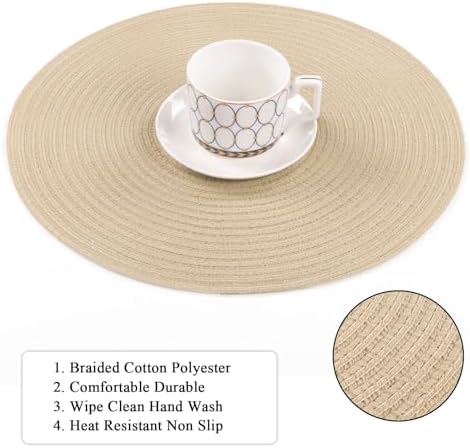SHACOS 15 inch Round Placemats Set of 8 for Dining Table Cotton Polyester Braided Place Mats Washable Kitchen Table Mats for Dinner Party Table (Light Beige, 8)