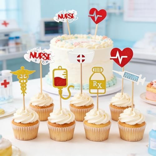28 PCS Nurse Cupcake Toppers, Glitter Nurses Week Cupcake Picks, Nursing School Graduation Food Picks Cupcake Toppers Cake Decorations for National Nurse Day Nursing Graduation Congrats Party Supplies